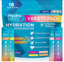 Load image into Gallery viewer, HydroMATE Electrolytes Powder Packets Low Carb Hydration Accelerator Drink Mix Party Relief Plus Vitamin C Variety Pack 16 Sticks