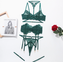 Load image into Gallery viewer, Lovely Lies Ladies Hunter Green Sexy Eyelash Lace Bra Set W/Garters