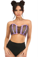 Load image into Gallery viewer, Purple Holo &amp; Fishnet Lace-Up Short Bustier Top
