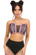 Purple Holo & Fishnet Lace-Up Short Bustier Top