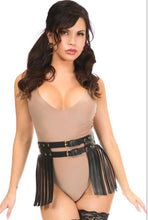 Load image into Gallery viewer, Black &amp; Gold Vegan Leather Fringe Mini Skirt
