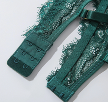 Load image into Gallery viewer, Lovely Lies Ladies Hunter Green Sexy Eyelash Lace Bra Set W/Garters
