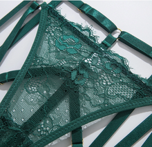 Load image into Gallery viewer, Lovely Lies Ladies Hunter Green Sexy Eyelash Lace Bra Set W/Garters
