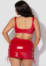 Load image into Gallery viewer, House of Desire Trinity Stretch Patent Lace Up Bralette Skirt &amp; G-String Set
