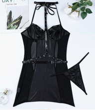Load image into Gallery viewer, Tourtiwi Sexy Mesh Soft Leather Stitching Metallic Skirt Suit
