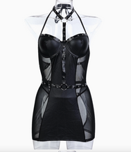 Load image into Gallery viewer, Tourtiwi Sexy Mesh Soft Leather Stitching Metallic Skirt Suit
