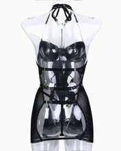 Load image into Gallery viewer, Tourtiwi Sexy Mesh Soft Leather Stitching Metallic Skirt Suit
