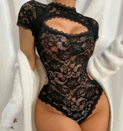 Tourtiwi Sexy Lace See-Through Hollow Short Sleeve Jumpsuit