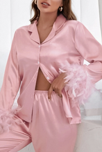 Load image into Gallery viewer, Soli Echo Feather Trim Buttoned Loungewear Set
